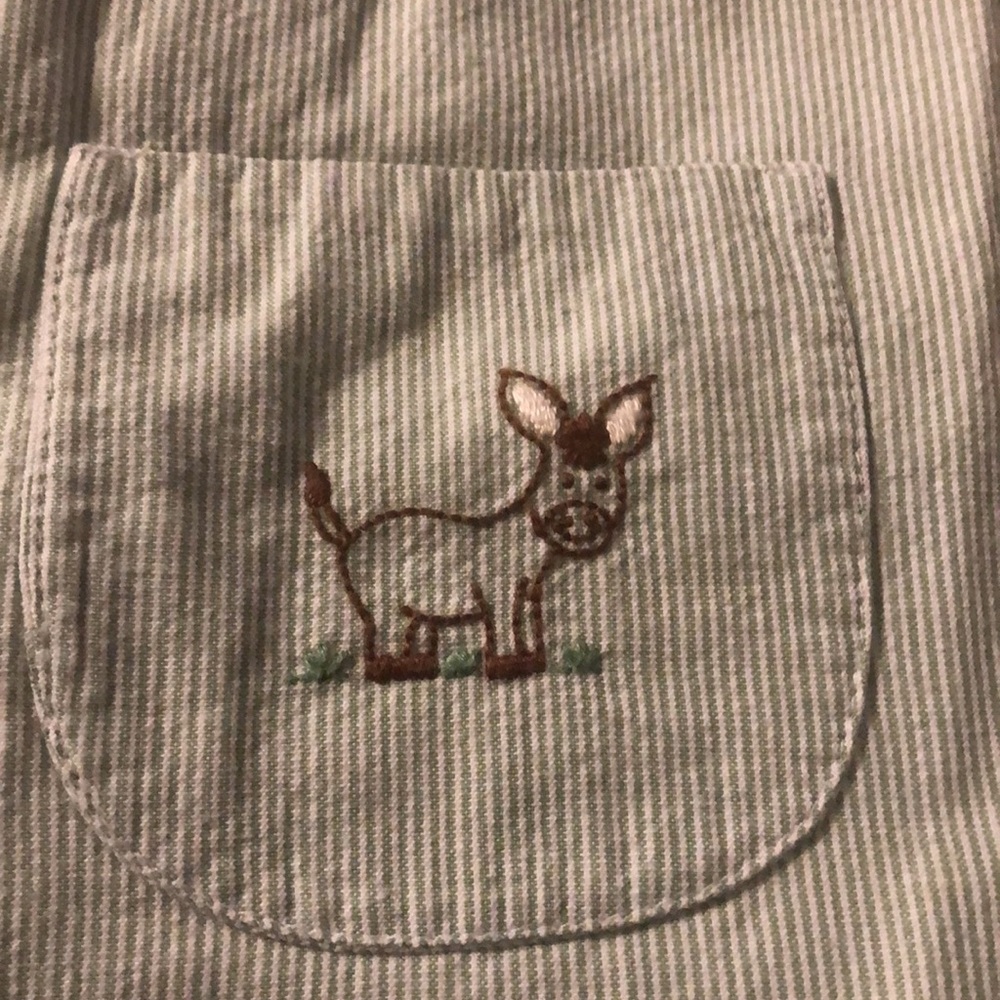 STRASBURG GREEN WHITE STRIPED ROMPER 12-18 MONTHS WITH DONKEY POCKET